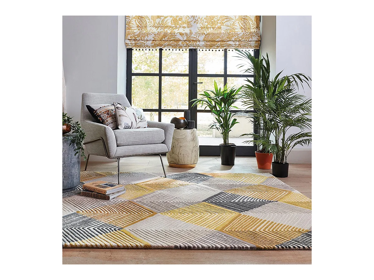 tapis entrée 140x200 fait à la main en laine jaune et gris motif géométrique