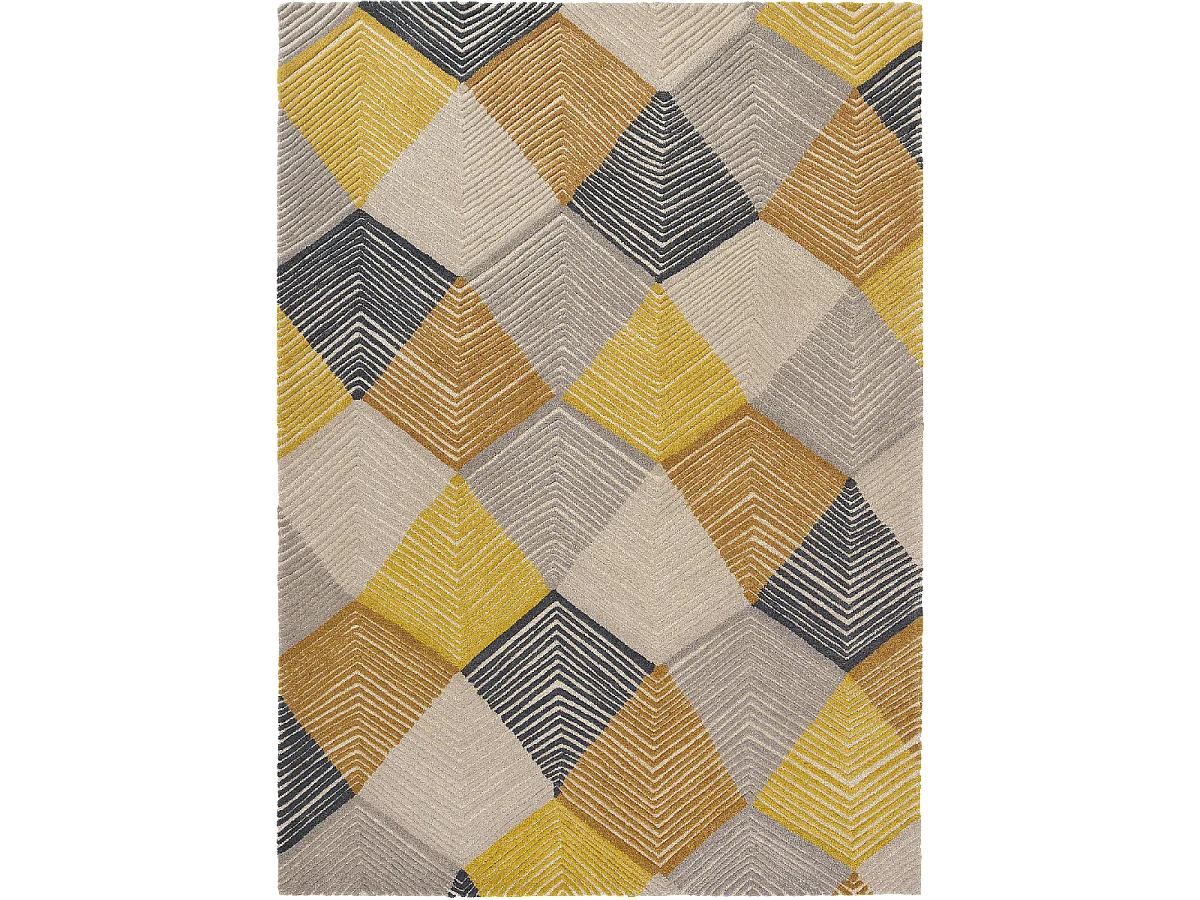 tapis entrée 140x200 fait à la main en laine jaune et gris motif géométrique