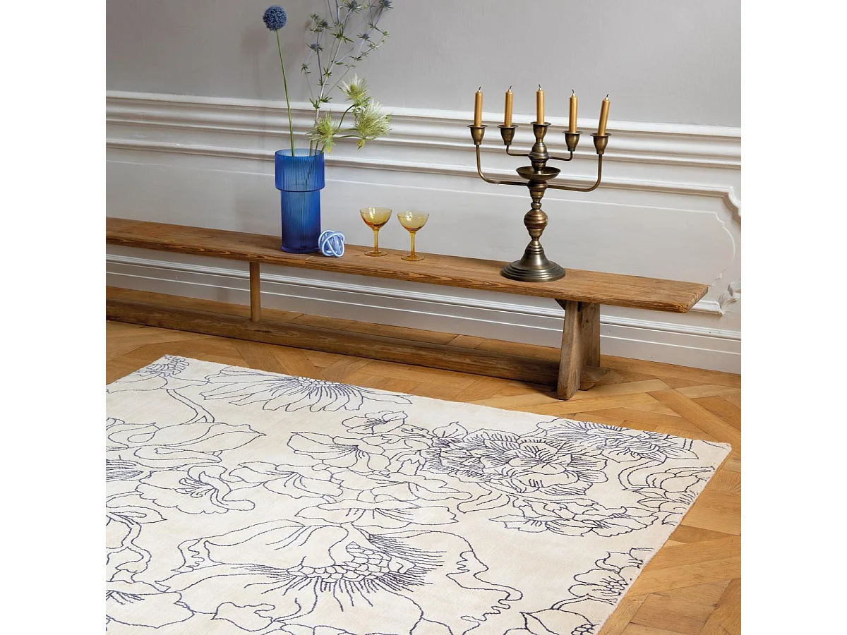 tapis entrée 140x200 fait à la main en coton crème rectangle motif floral LINEAR