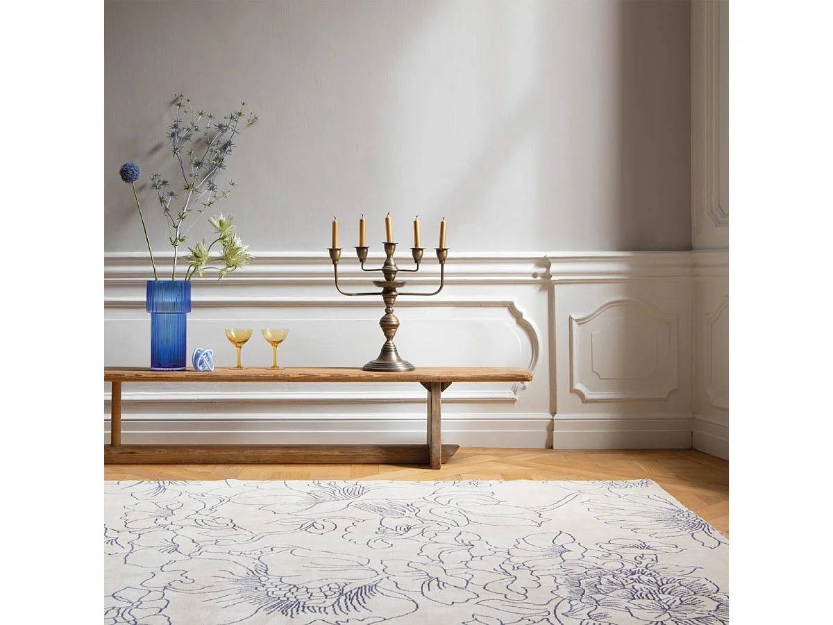 tapis entrée 140x200 fait à la main en coton crème rectangle motif floral LINEAR