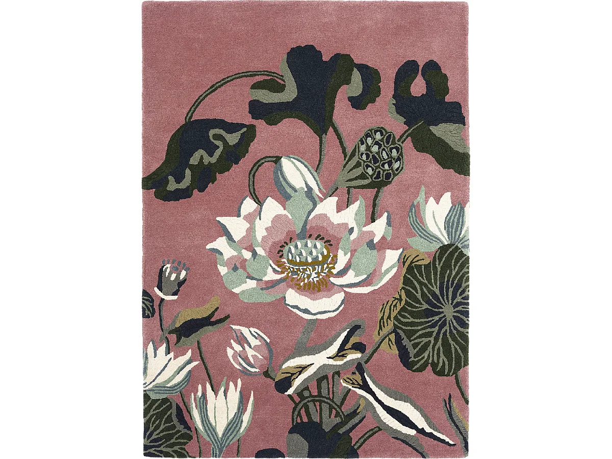 tapis salon 200x280 fait à la main en laine rose et vert motif floral