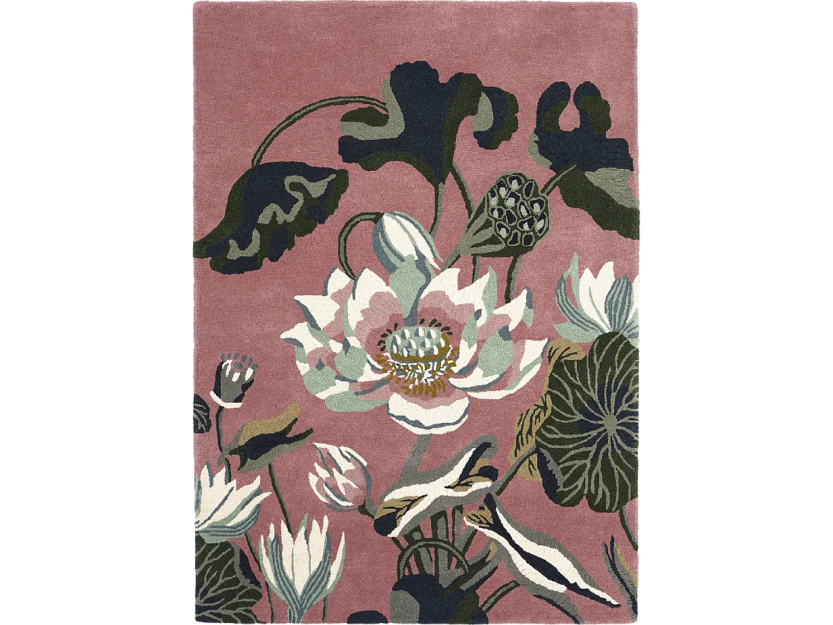 tapis salon 200x280 fait à la main en laine rose et vert motif floral