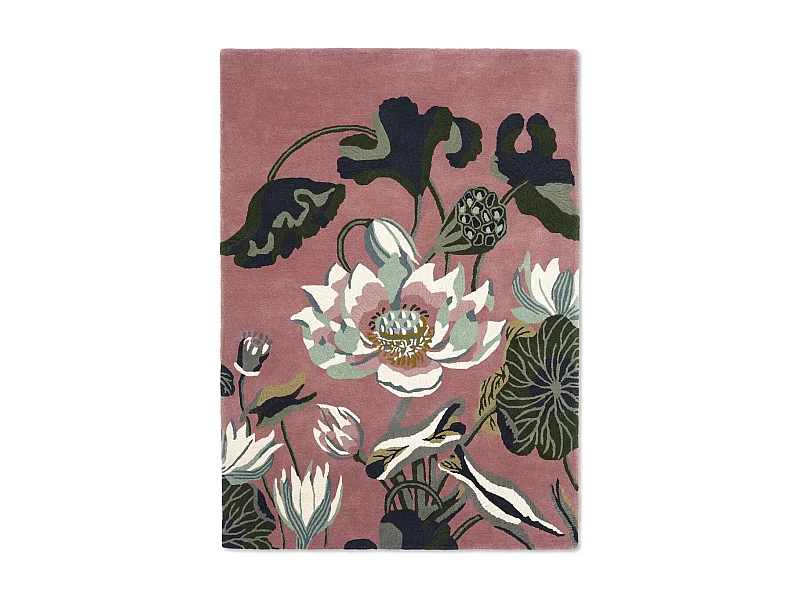 tapis salon 200x280 fait à la main en laine rose et vert motif floral