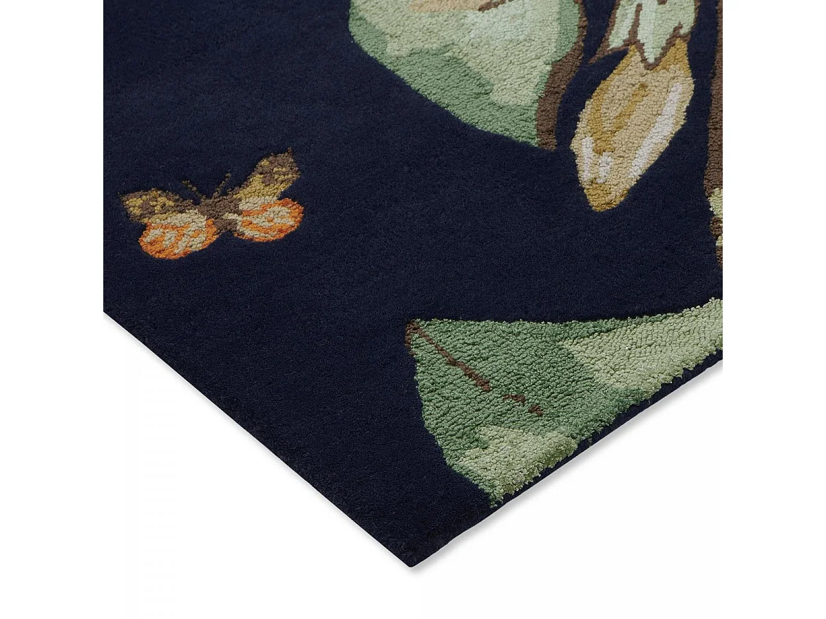 tapis salon 200x280 fait à la main en laine bleu marine et vert motif floral