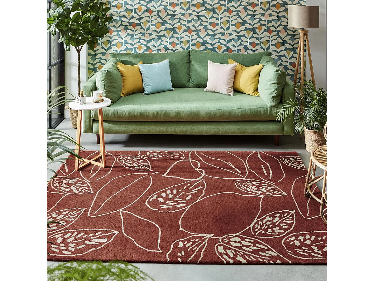 tapis entrée 120x180 fait à la main en laine rouge et crème motif floral