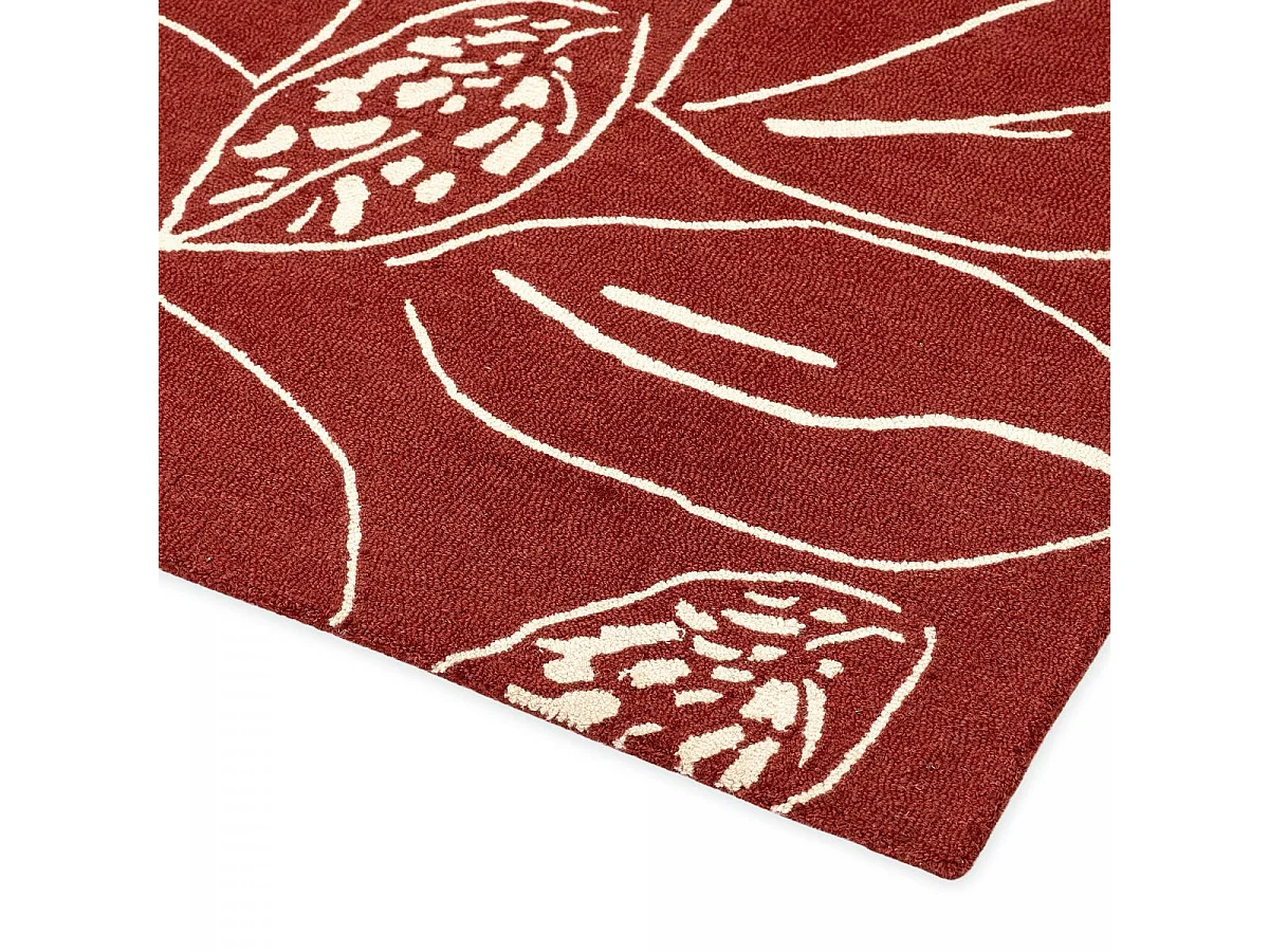 tapis entrée 120x180 fait à la main en laine rouge et crème motif floral