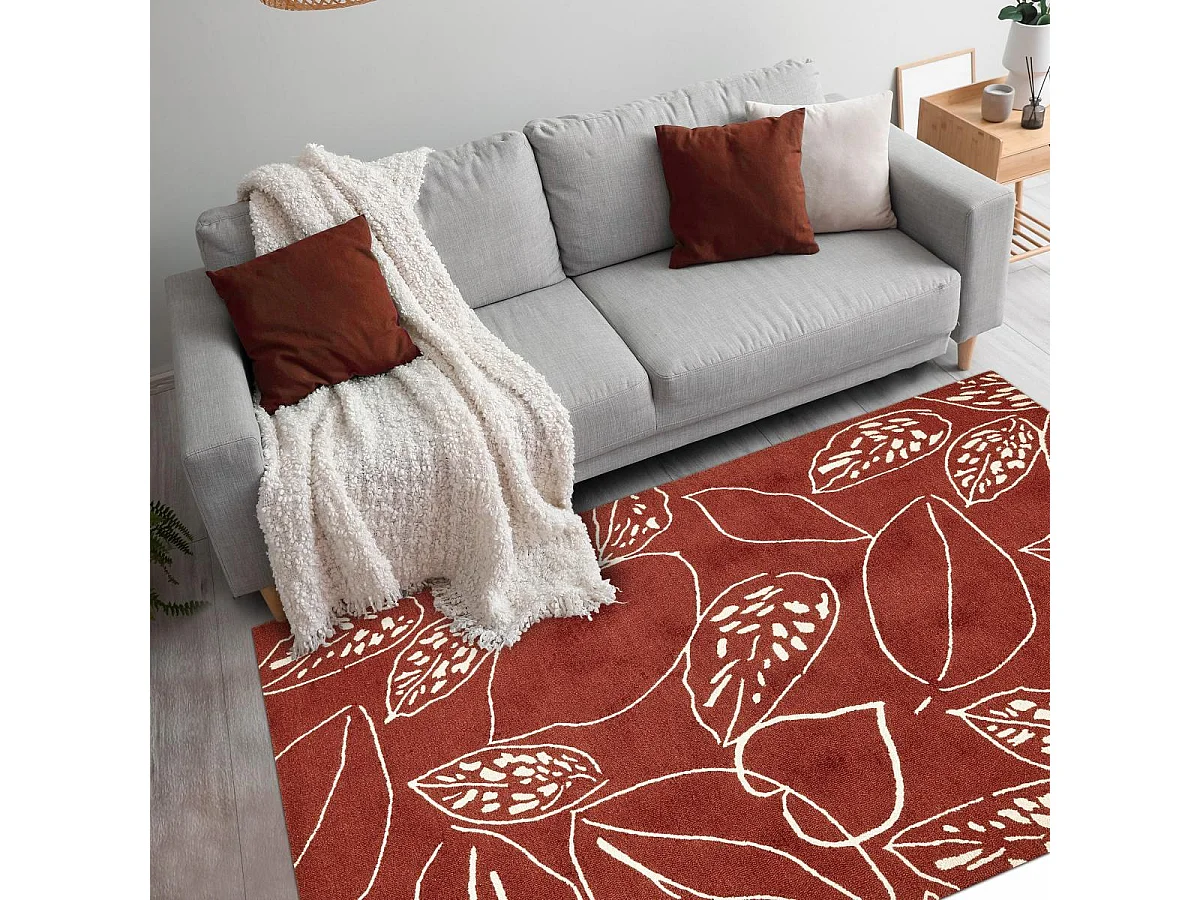 tapis entrée 120x180 fait à la main en laine rouge et crème motif floral
