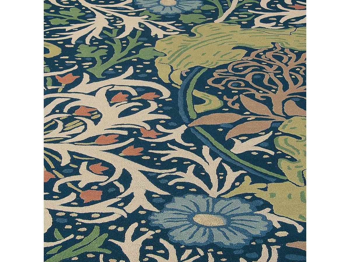 tapis entrée 140x200 fait à la main en laine bleu marine et vert motif floral