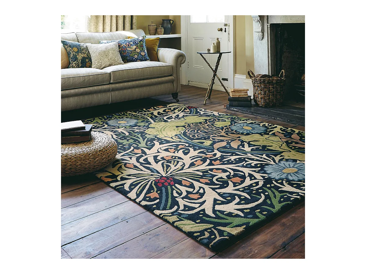 tapis entrée 140x200 fait à la main en laine bleu marine et vert motif floral