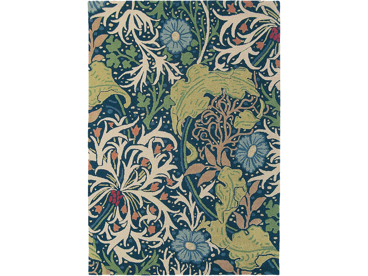 tapis entrée 140x200 fait à la main en laine bleu marine et vert motif floral
