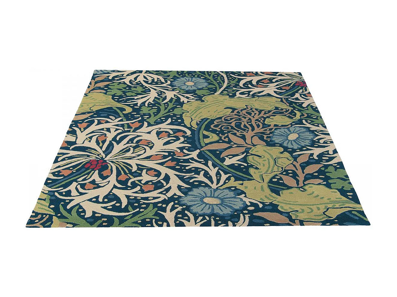 tappeto da ingresso 140x200 realizzato a mano in lana blu navy e verde fantasia floreale