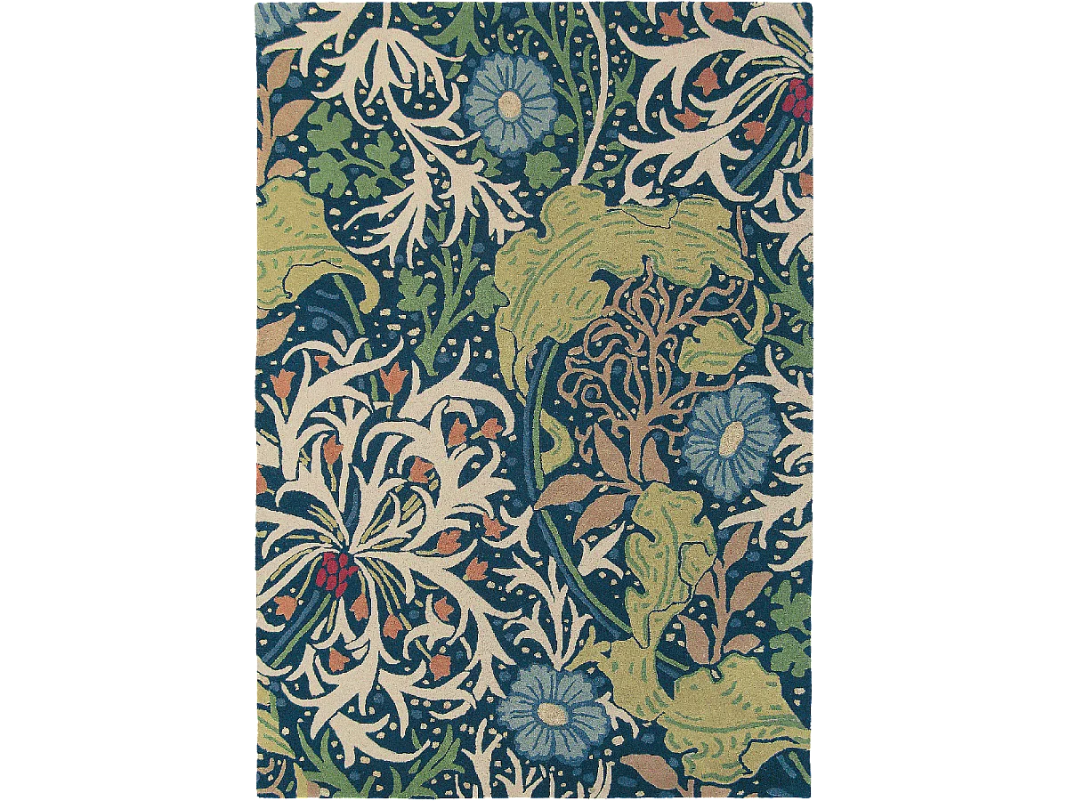 tapis entrée 140x200 fait à la main en laine bleu marine et vert motif floral