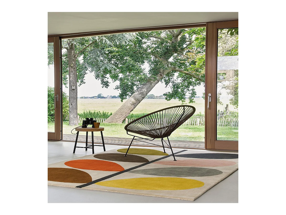 tapis salon 200x280 fait à la main en laine crème et orange motif seventies