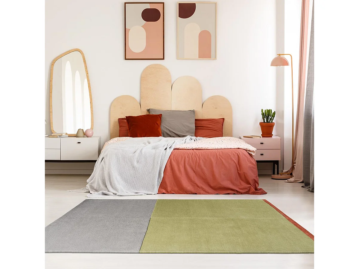 tapis chambre 160x230 fait main en laine vert et gris rectangle motif simple