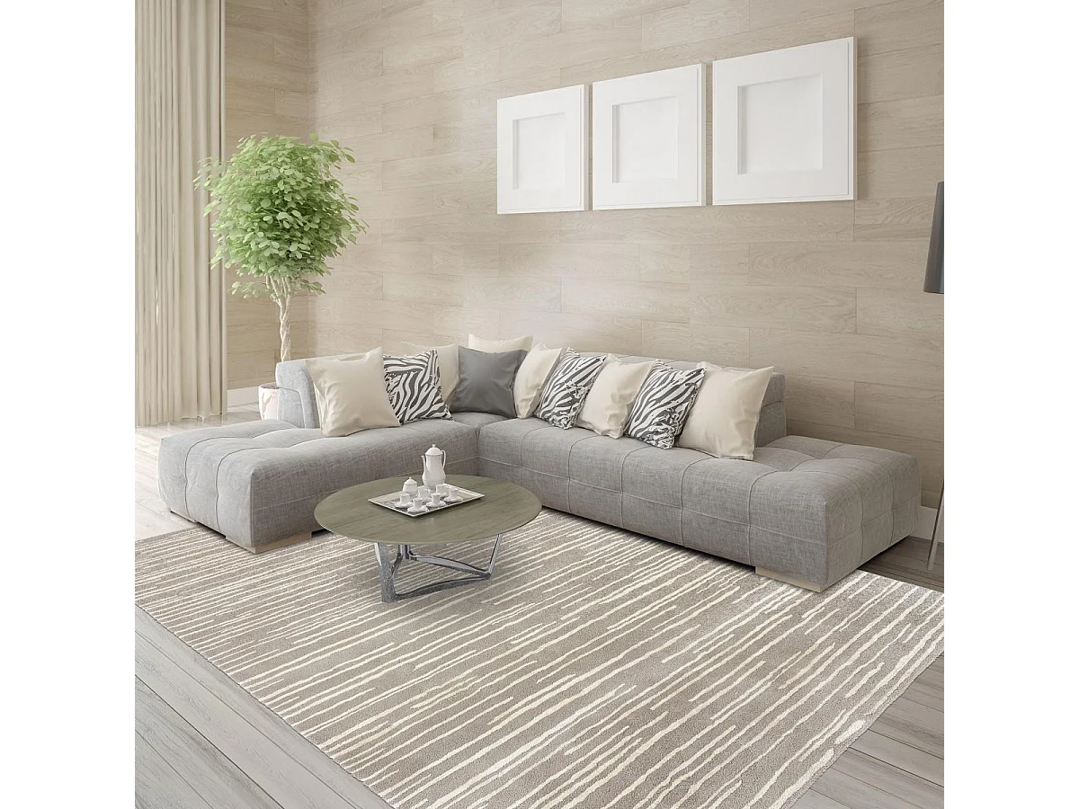 tapis chambre 170x240 fait à la main en laine beige rectangle motif faux uni