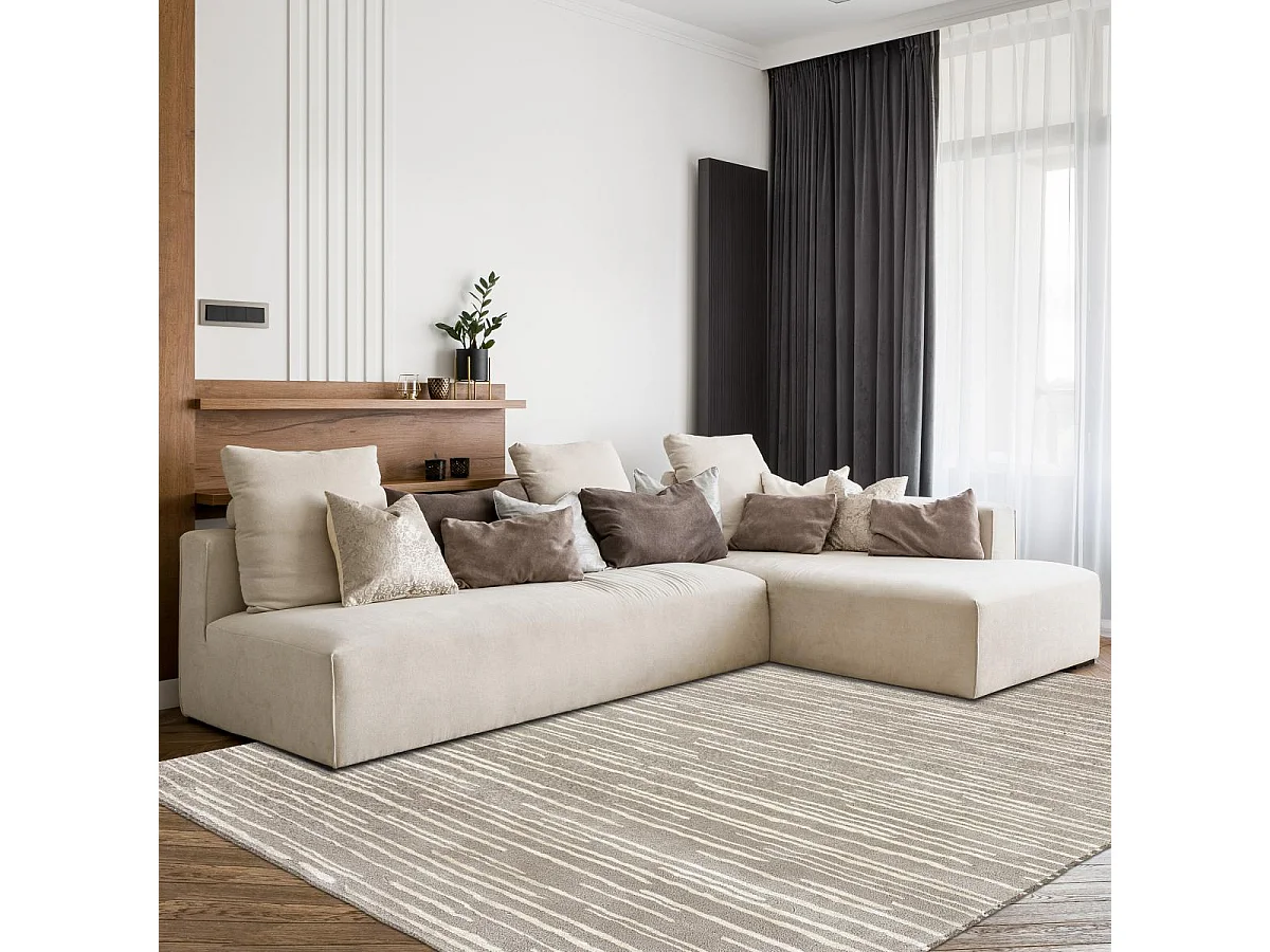 tapis chambre 170x240 fait à la main en laine beige rectangle motif faux uni