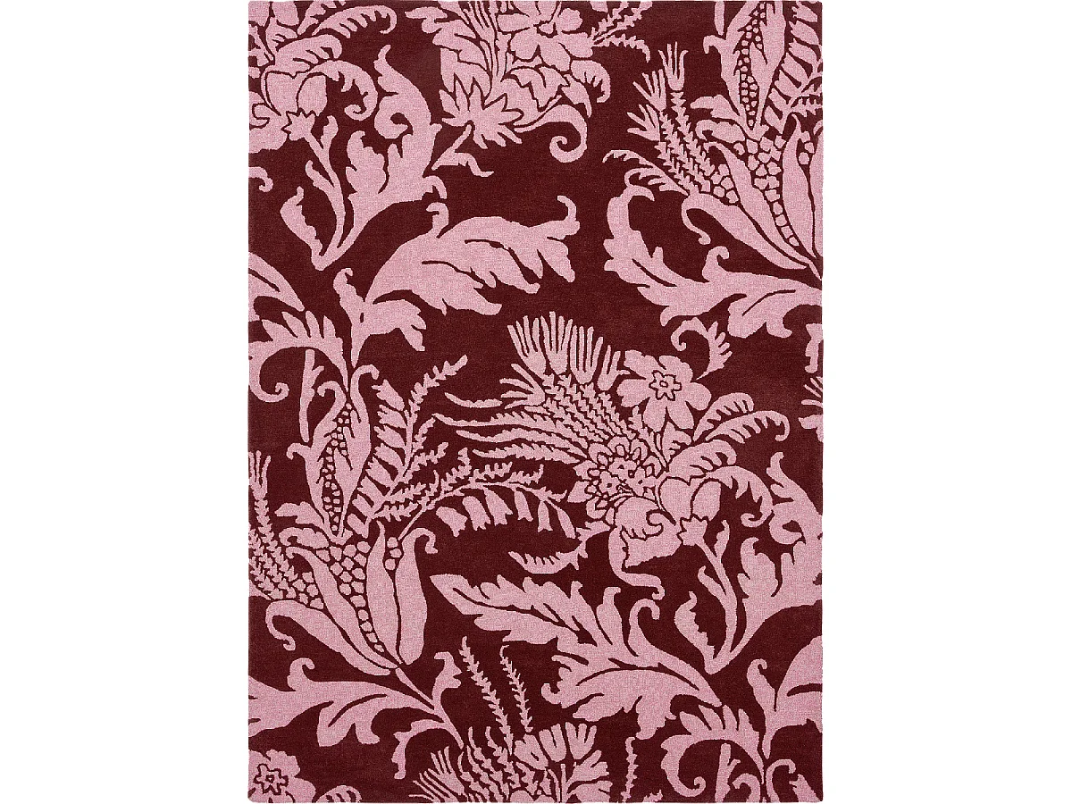 tapis grand salon 250x350 fait à la main en laine bordeaux et rose motif floral