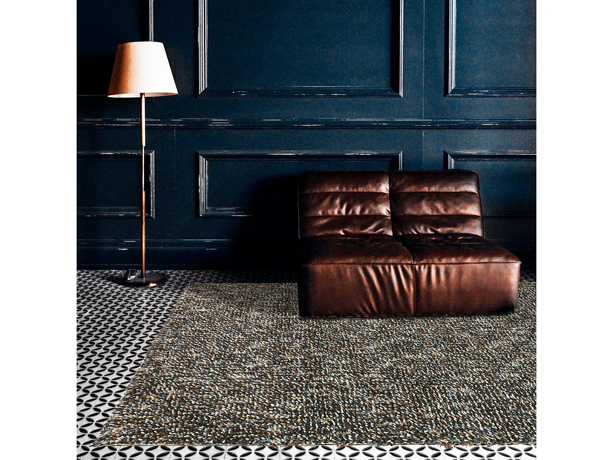 Tapis shaggy 170x240 rectangle tissé bleu et crème en laine motif faux uni ROCKS