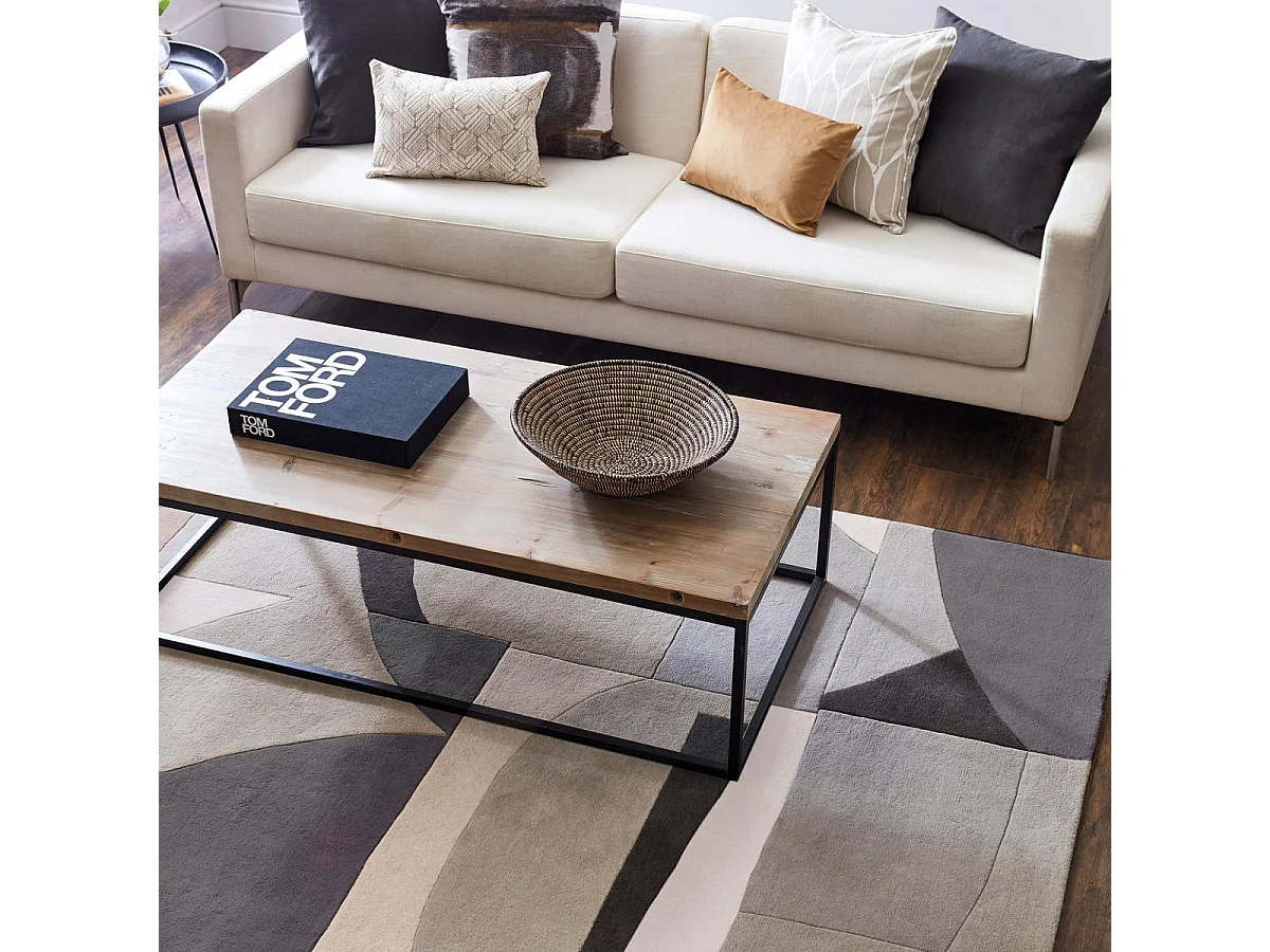 tapis salon 200x280 fait à la main en laine gris rectangle motif géométrique