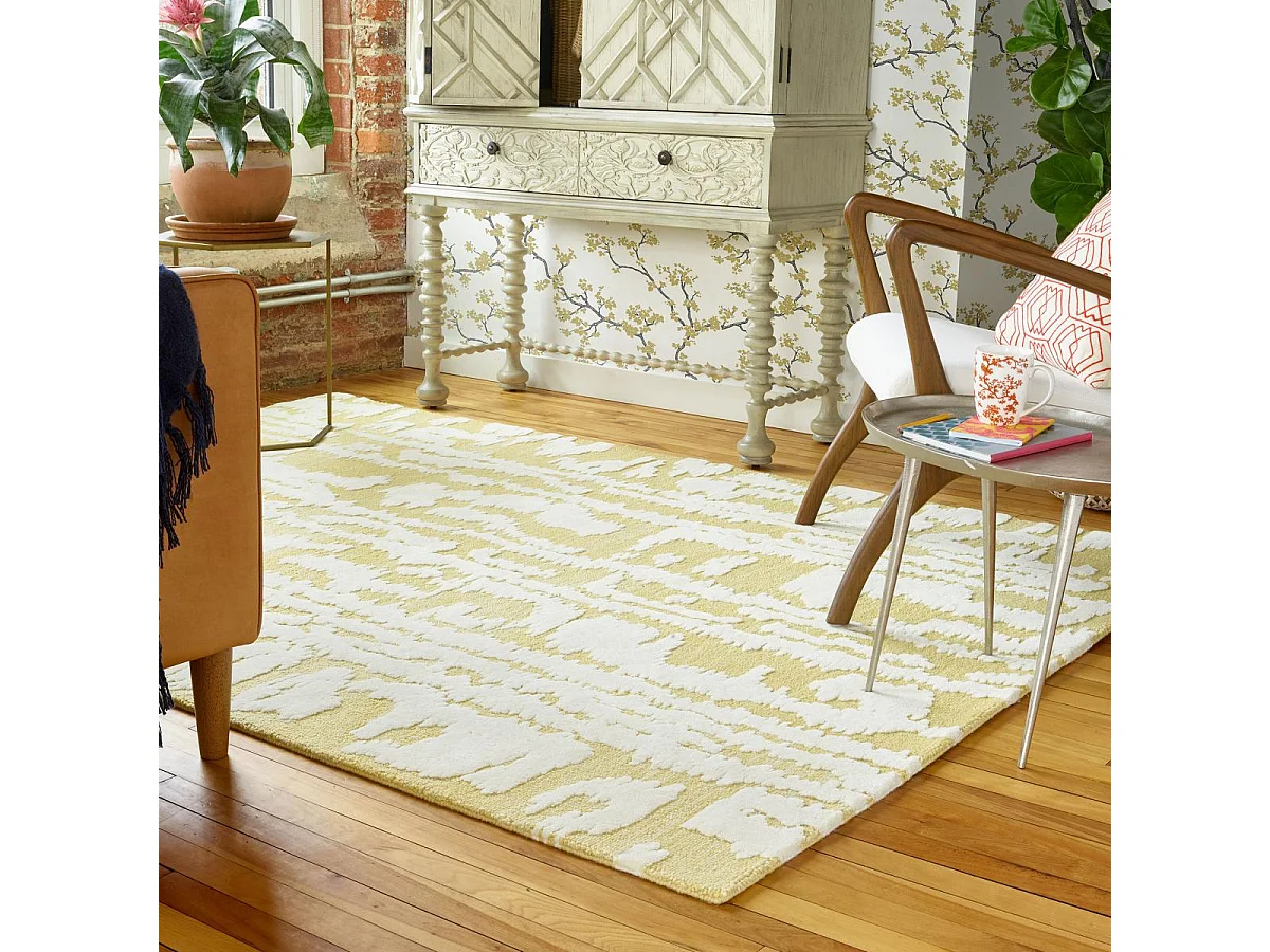 tapis chambre 170x240 fait à la main en laine jaune rectangle motif abstrait