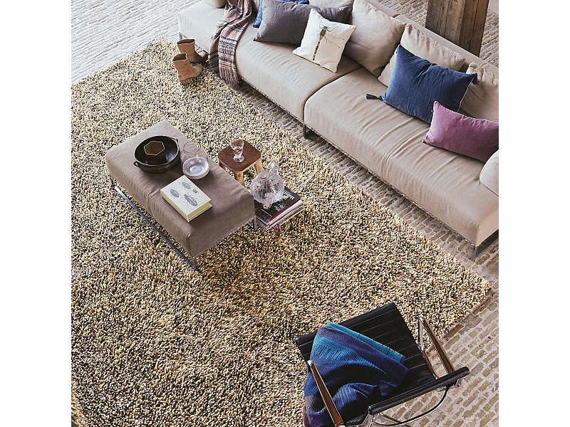 Tapis shaggy 170x240 rectangle tissé crème en laine motif faux uni ROCKS