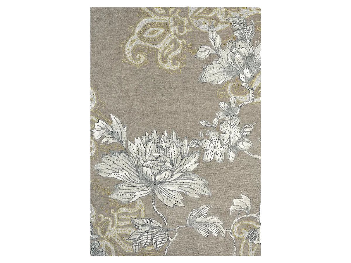 tapis chambre 120x180 fait à la main en laine gris et crème motif floral