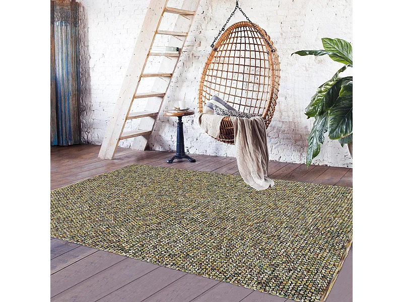 tapis salon 200x300 tissé en laine vert et beige rectangle motif faux uni