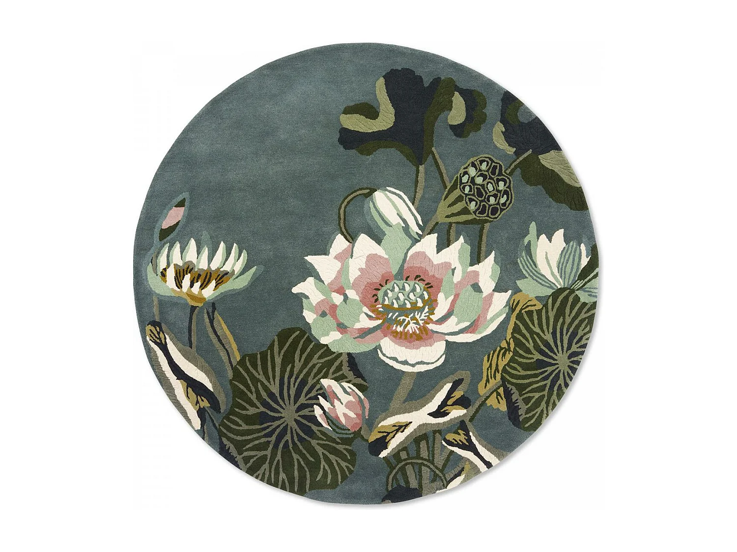 Tapis rond Ø150cm fait à la main en laine motif floral pour entrée WATERLILY