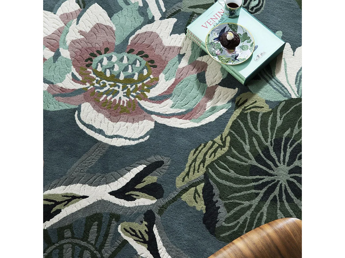 Tappeto rotondo Ø150cm realizzato a mano in lana fantasia floreale per ingresso WATERLILY