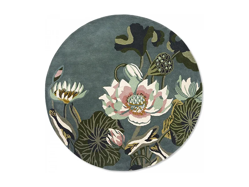 Tapis rond Ø150cm fait à la main en laine motif floral pour entrée WATERLILY