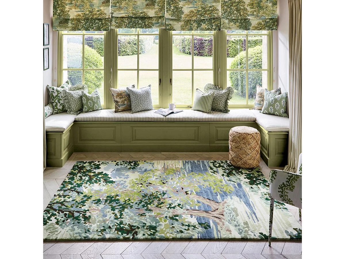 tappeto da soggiorno ampio 250x350 realizzato a mano in lana blu e verde con motivo floreale rettangolare