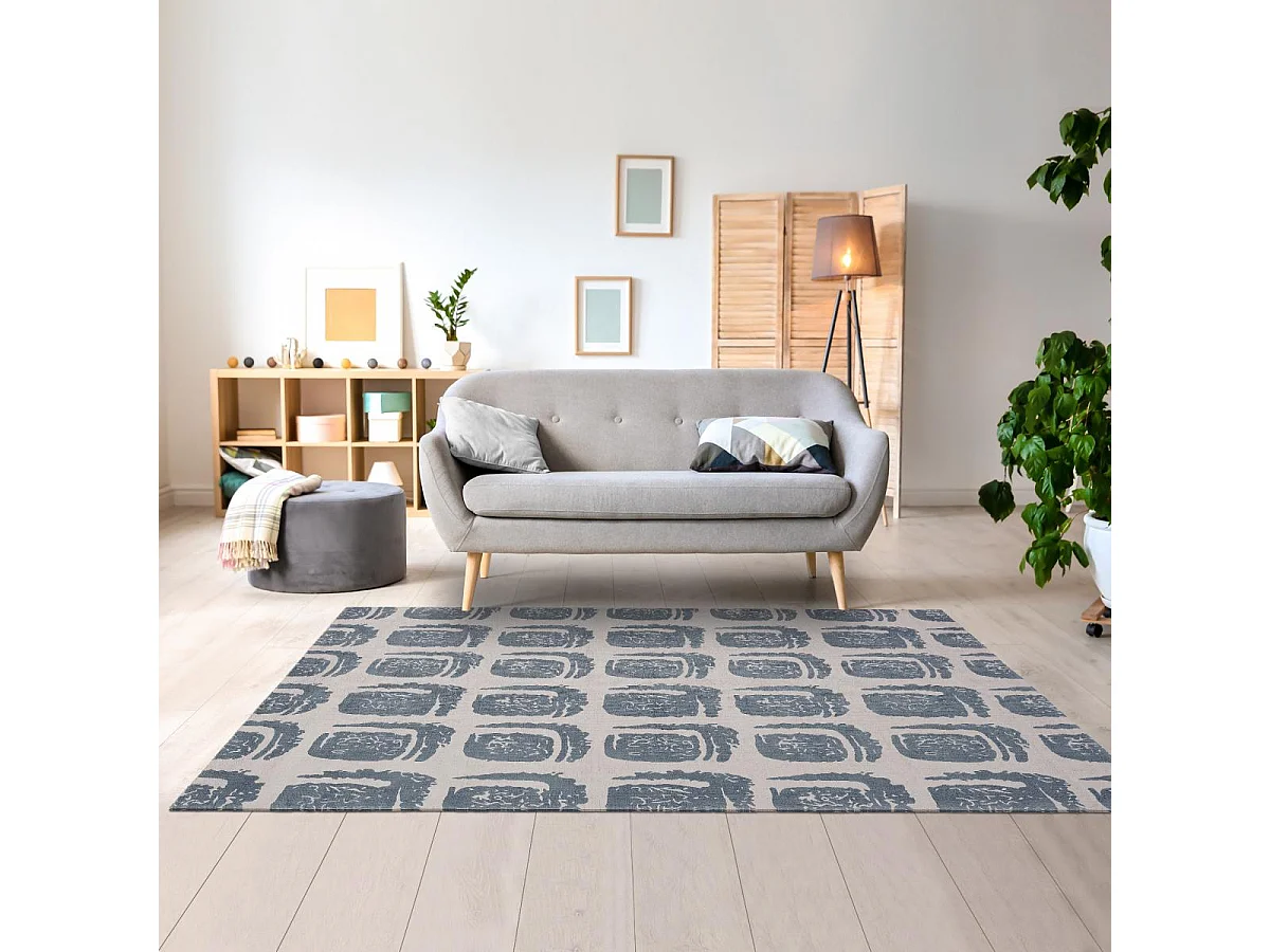 tapis chambre 200x280 fait à la main en coton gris et crème motif abstrait