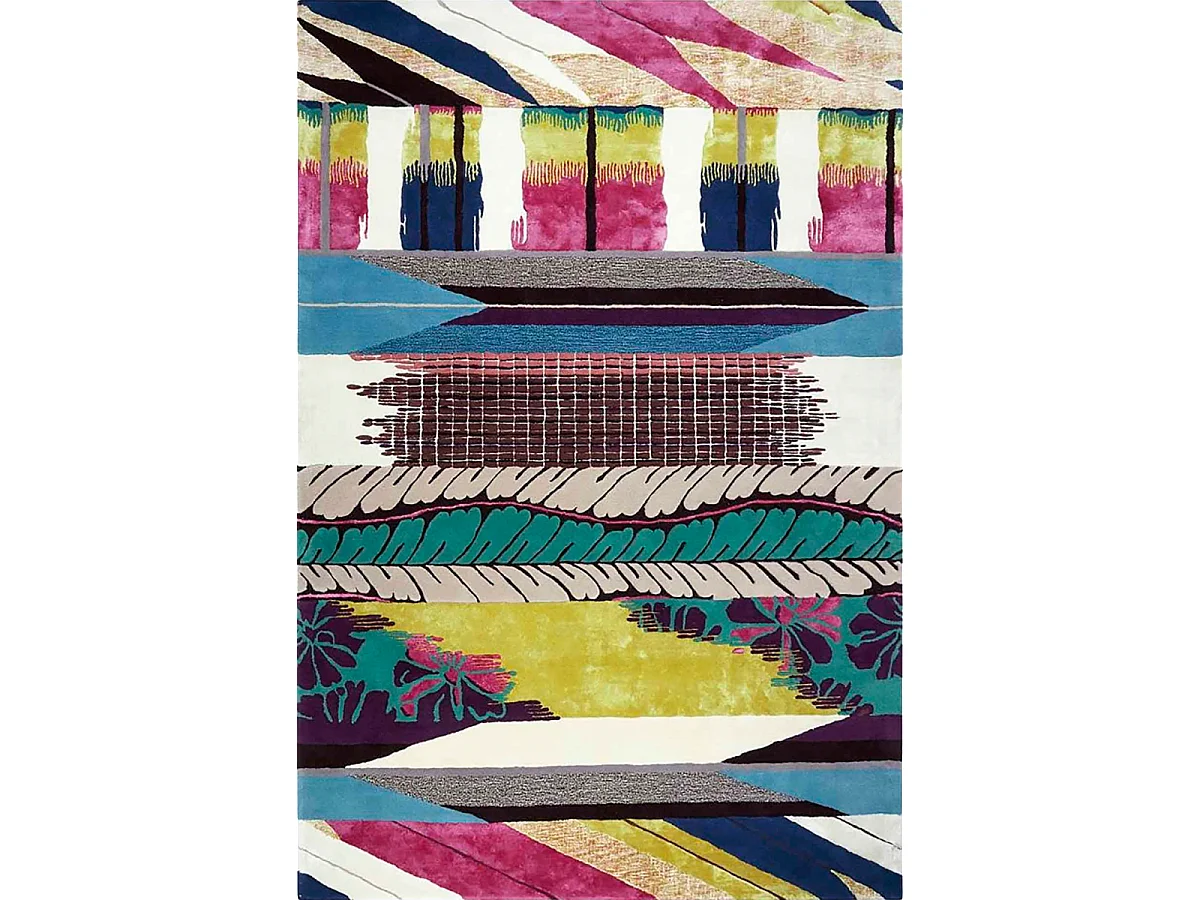 tapis chambre 160x260 tufté en laine rose et jaune rectangle motif abstrait GEISH