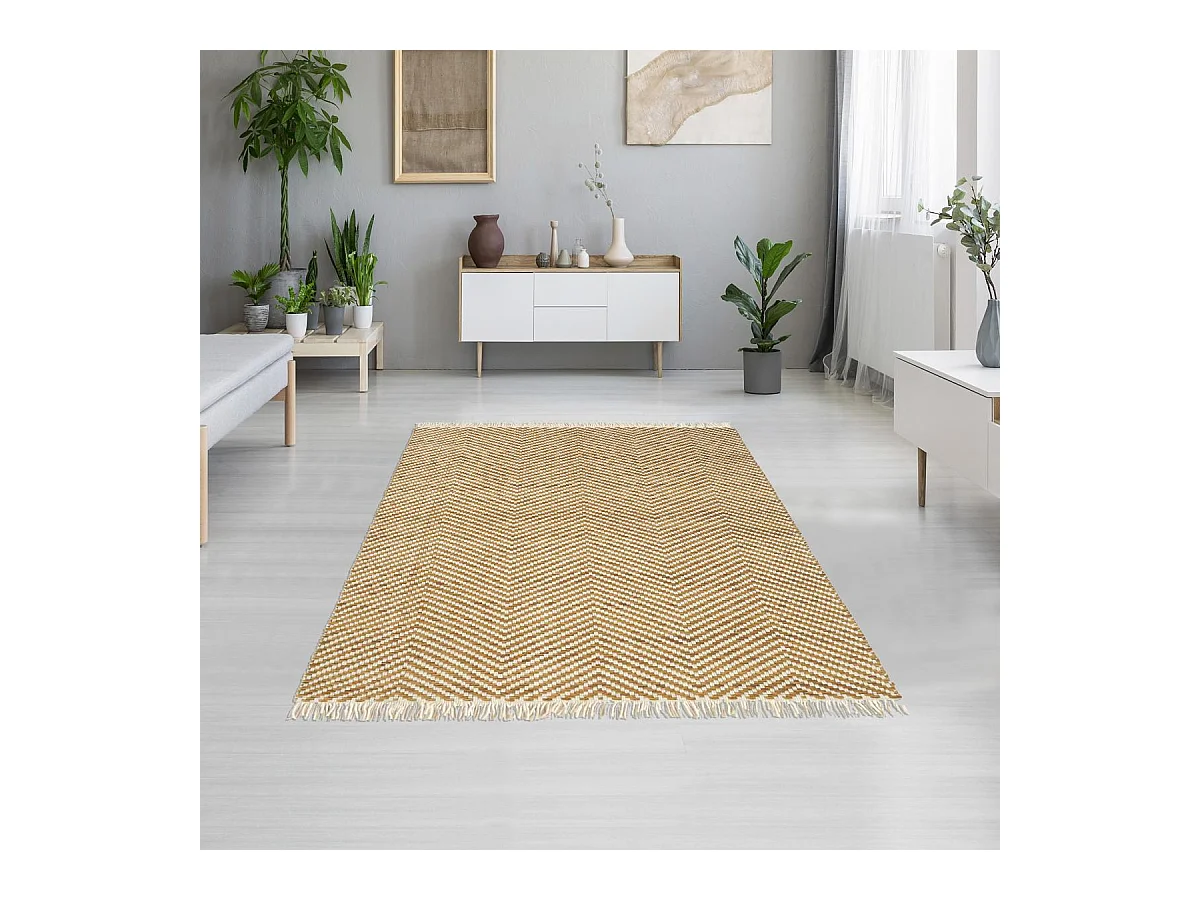Tapis kilim 200x280 rectangle tissé en laine marron et beige motif simple
