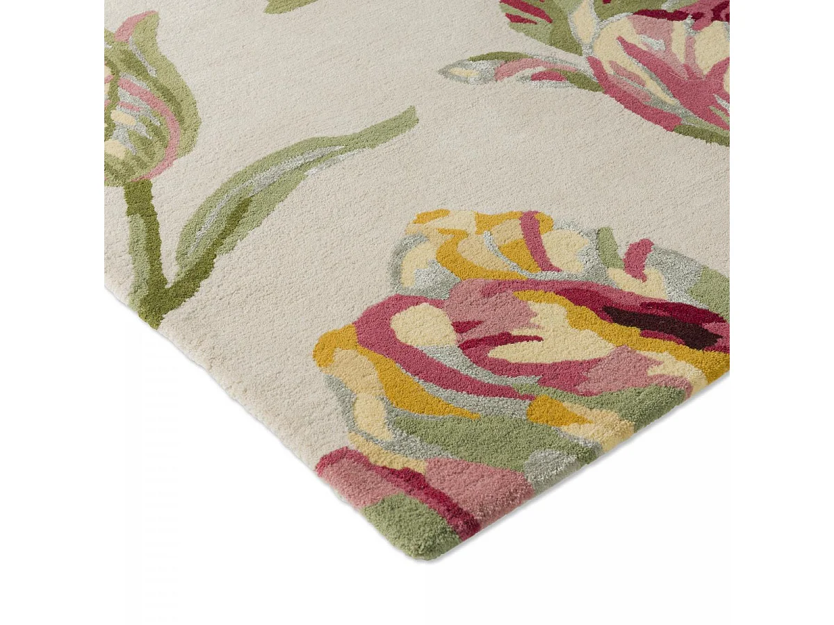 tapis grand salon 250x350 fait main en laine crème et vert motif floral