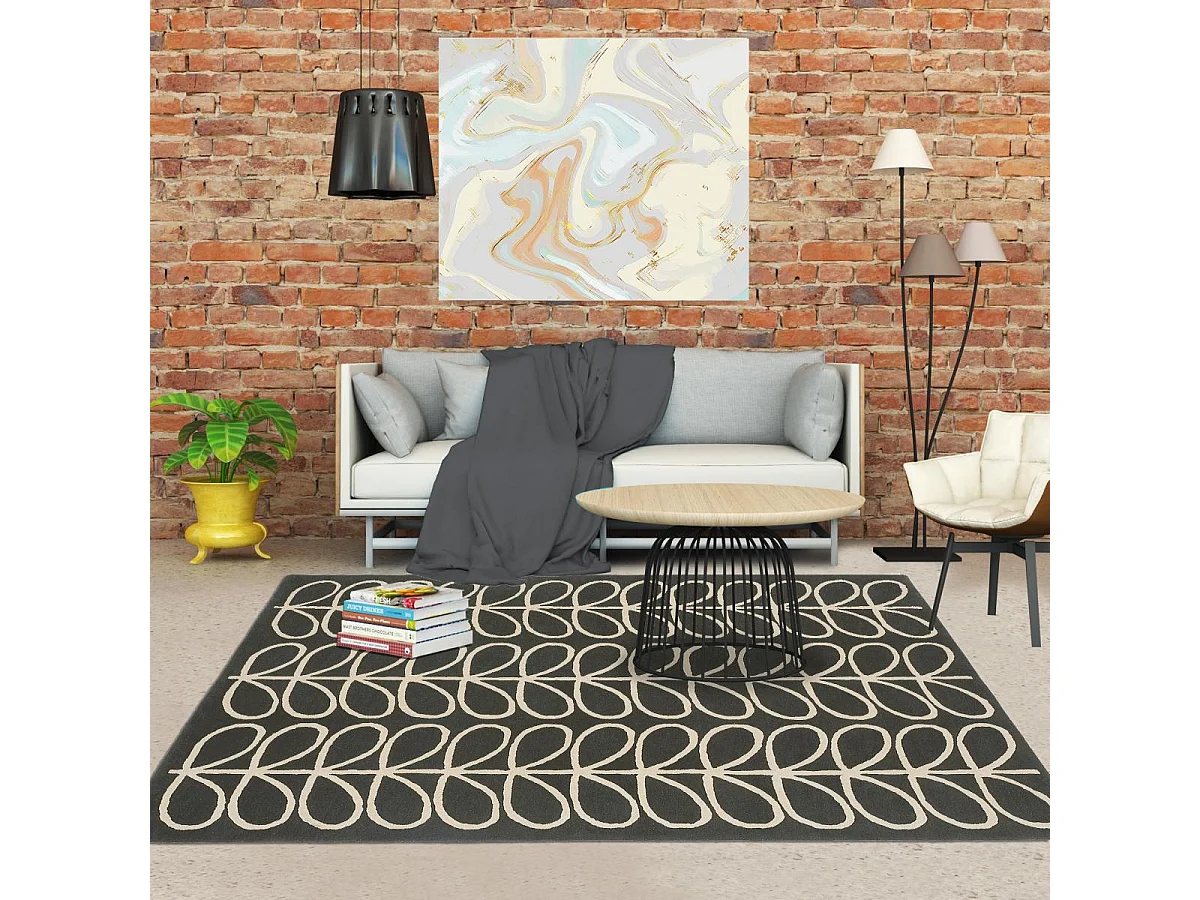 tapis entrée 120x180 fait à la main en laine noir et crème motif seventies