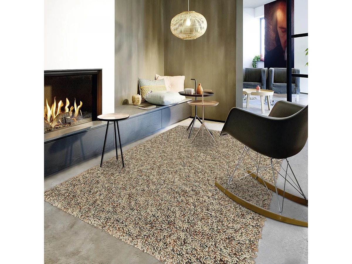 Tapis longs poils shaggy 140x200 rectangle tissé beige et gris en laine