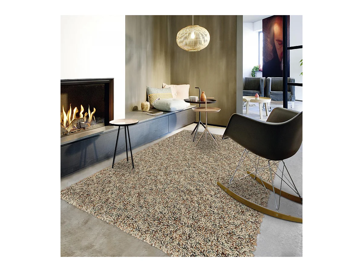 Tapis longs poils shaggy 140x200 rectangle tissé beige et gris en laine