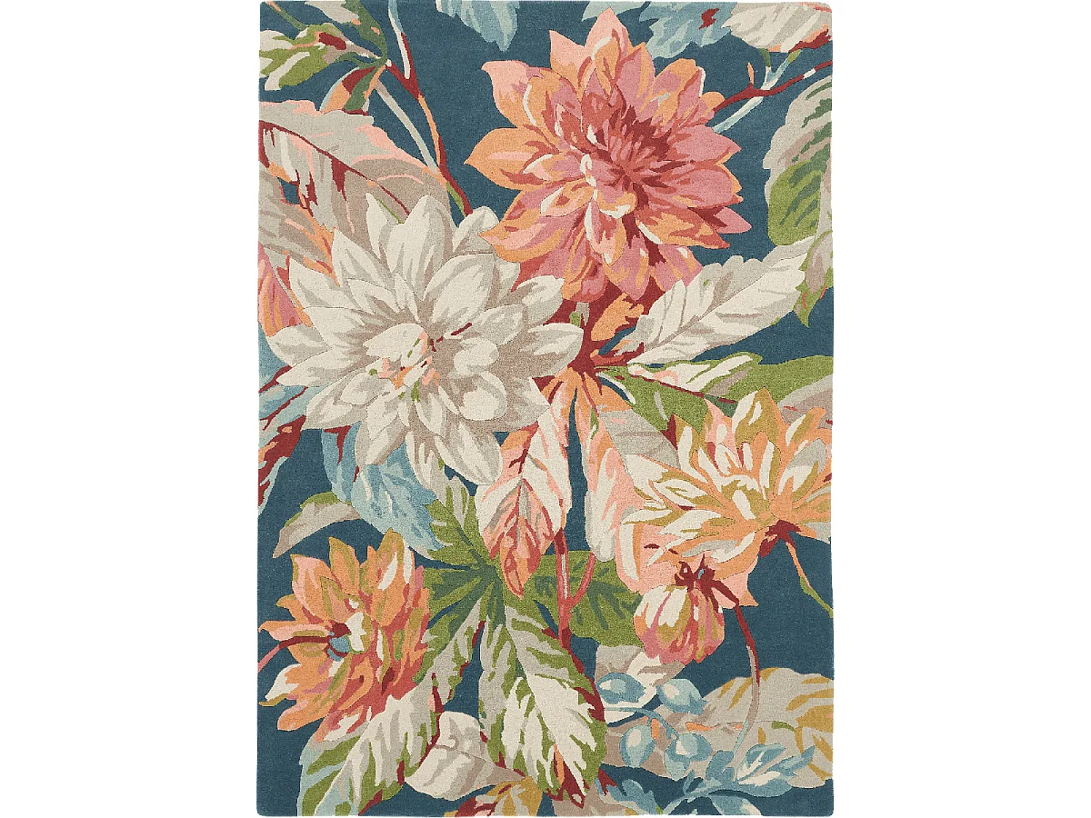 tapis entrée 140x200 fait à la main en laine bleu et orange motif floral