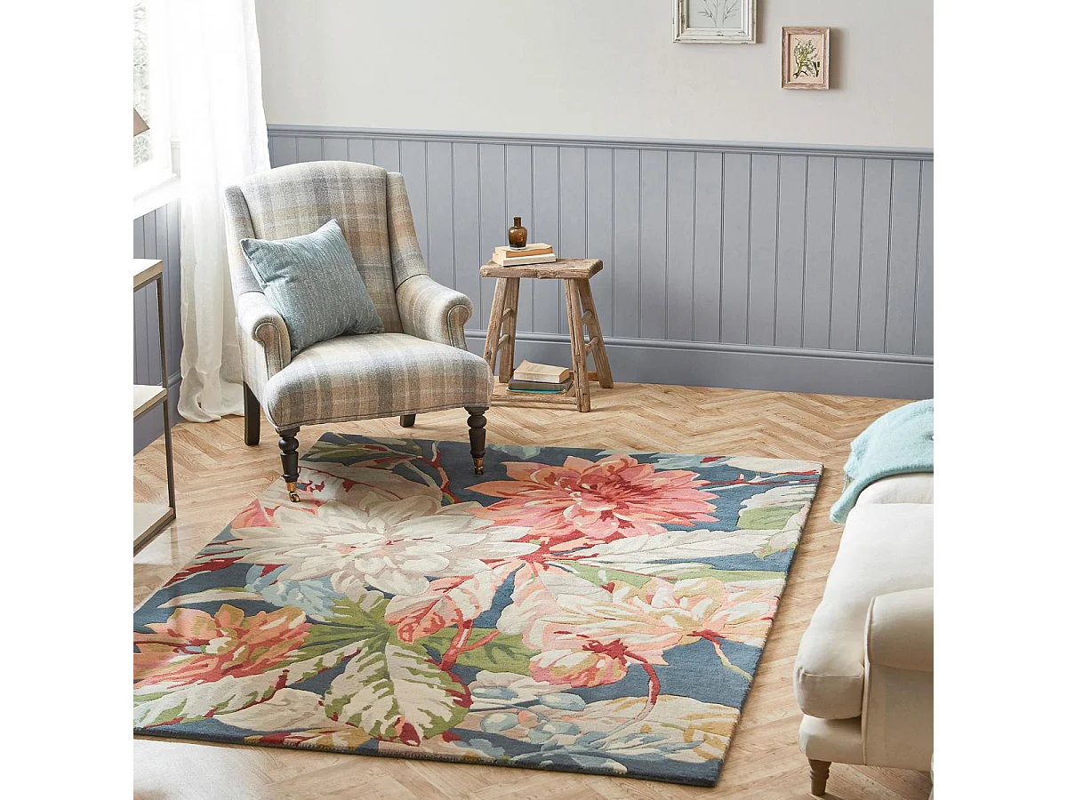 tapis entrée 140x200 fait à la main en laine bleu et orange motif floral