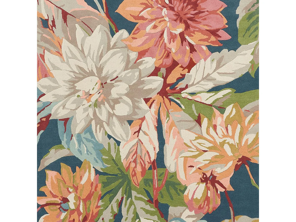 tapis entrée 140x200 fait à la main en laine bleu et orange motif floral