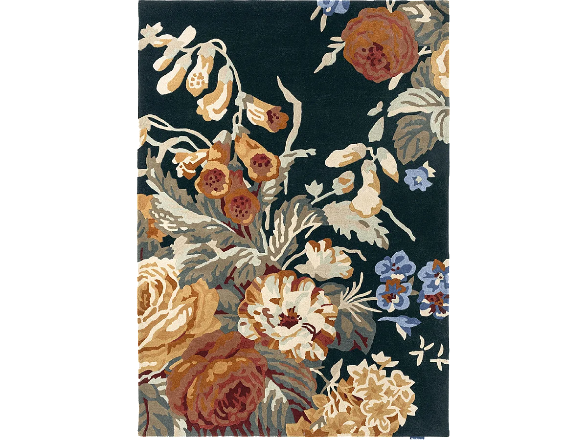 tapis salon 200x280 fait à la main en laine bleu marine et orange motif floral