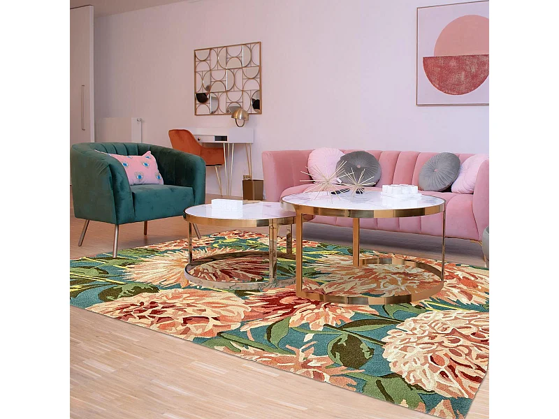 tapis entrée 140x200 fait à la main en laine vert et orange motif floral