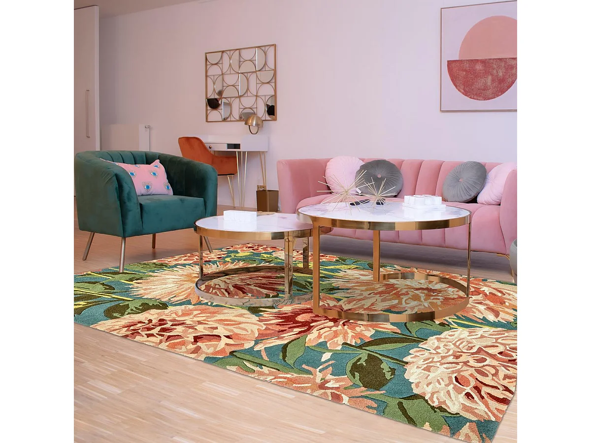 tapis entrée 140x200 fait à la main en laine vert et orange motif floral