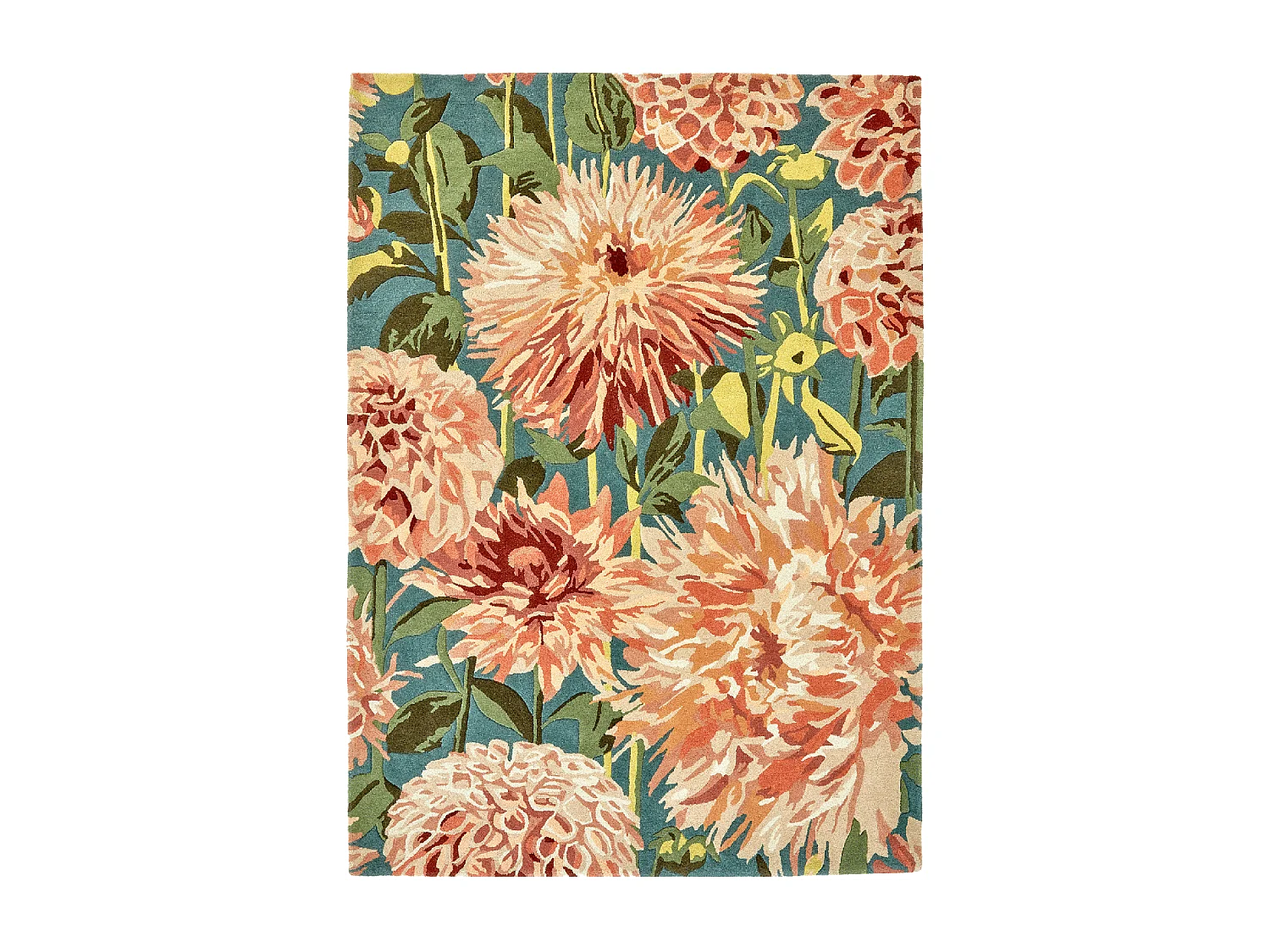 tapis entrée 140x200 fait à la main en laine vert et orange motif floral