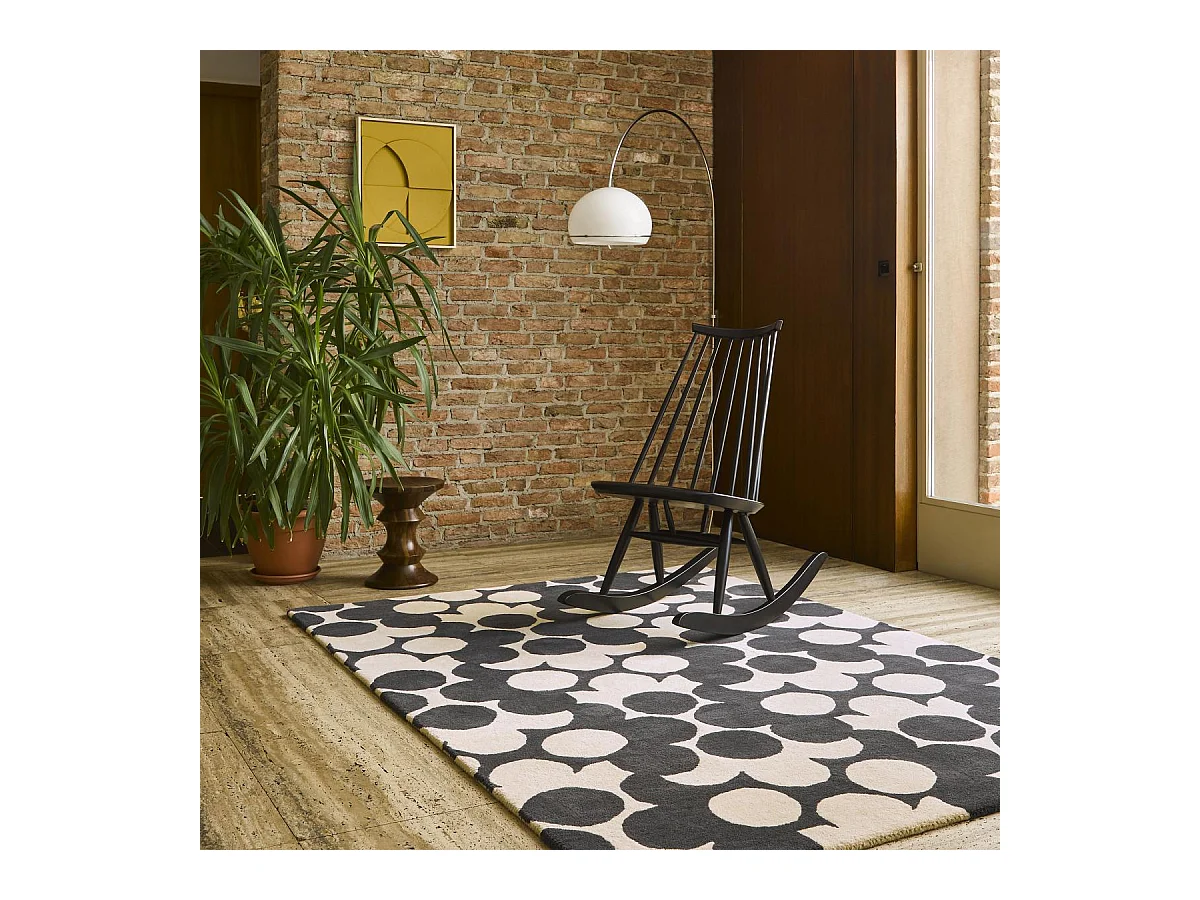 tapis entrée 120x180 fait à la main en laine crème et noir motif seventies