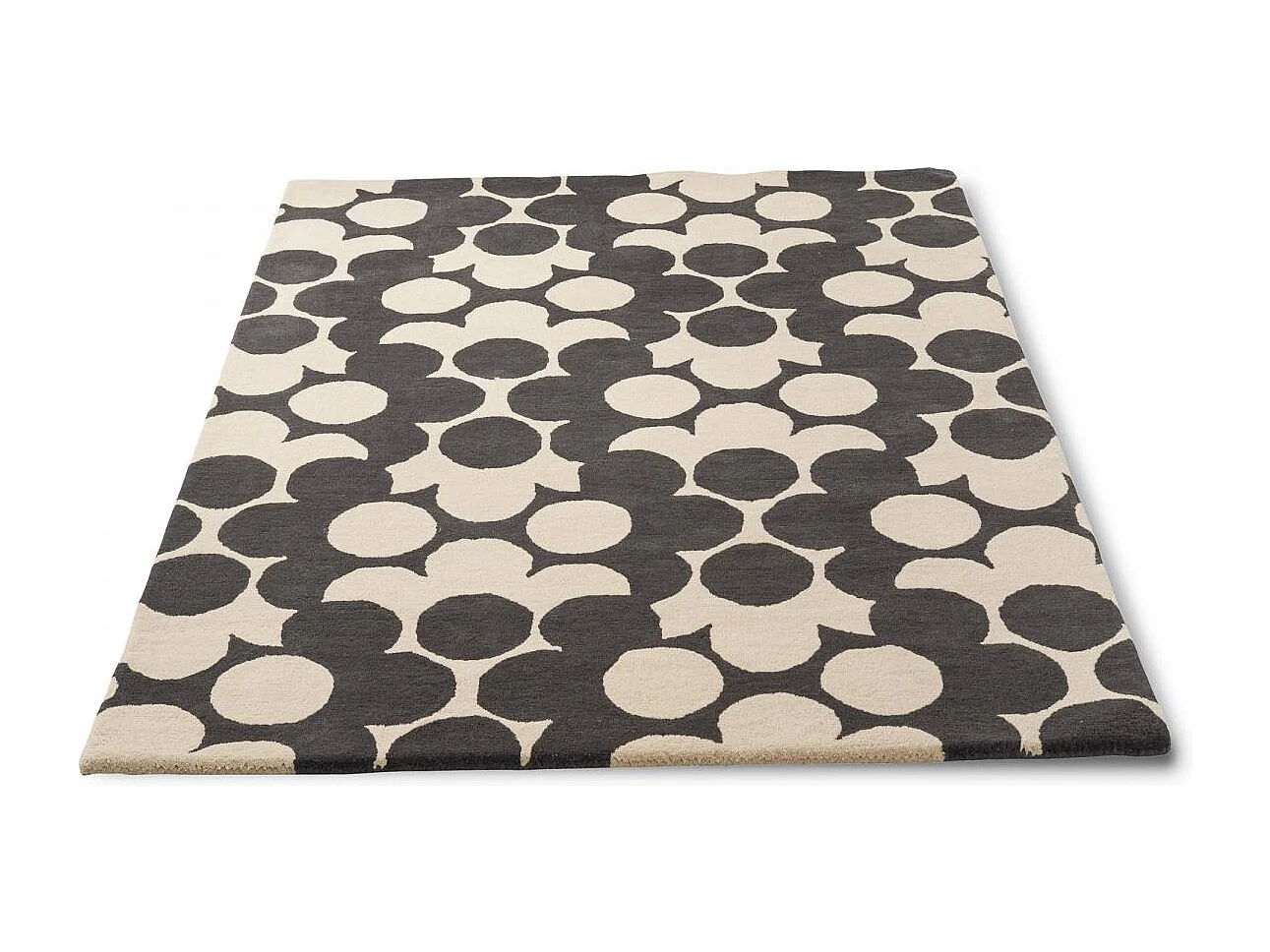 tapis entrée 120x180 fait à la main en laine crème et noir motif seventies