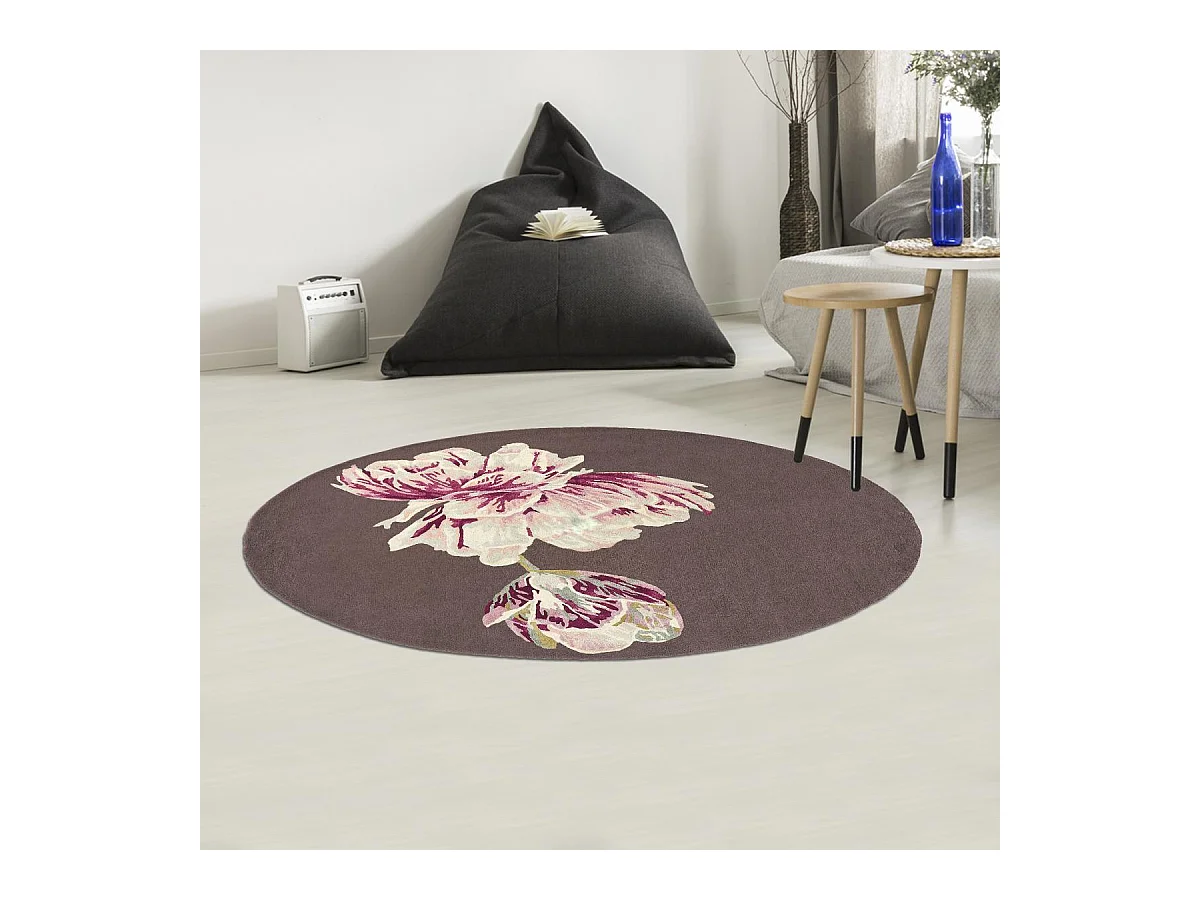 Tapis rond Ø200cm fait à la main en laine motif floral pour salon TRANKI R