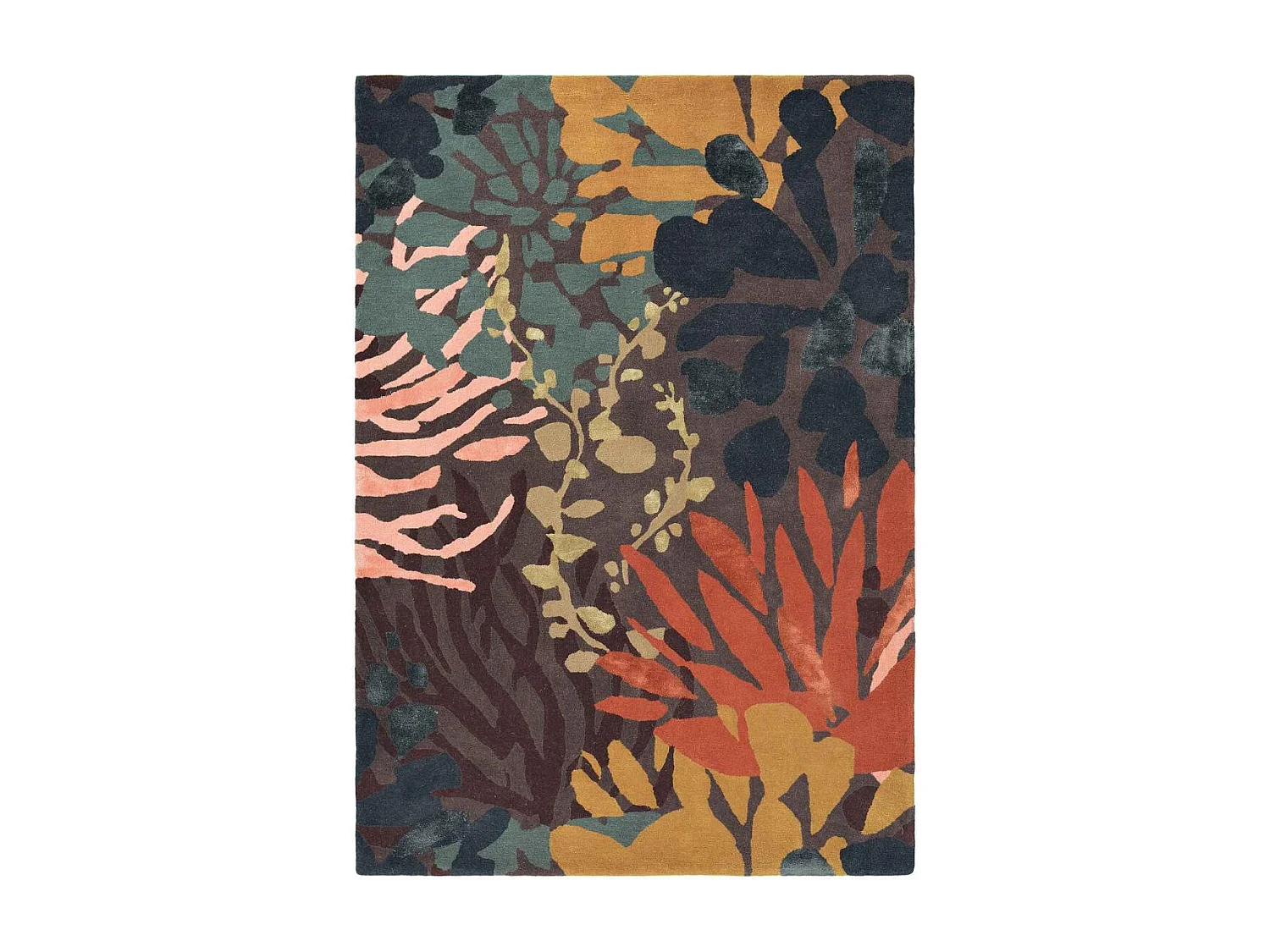 tapis salle à manger 250x350 tissé en laine noir et orange motif floral