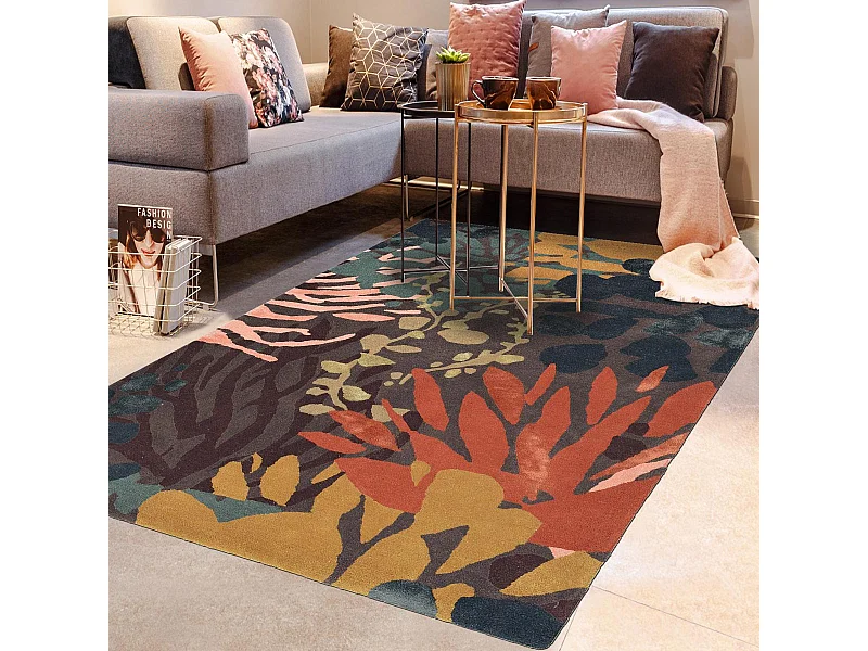 tapis salle à manger 250x350 tissé en laine noir et orange motif floral